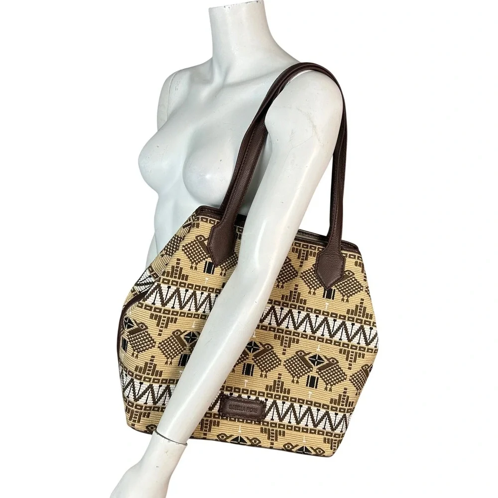 Isabella Fiore Woven Tapestry Leather Tote Bag Brown Tan Rattan Bird BOHO NEW